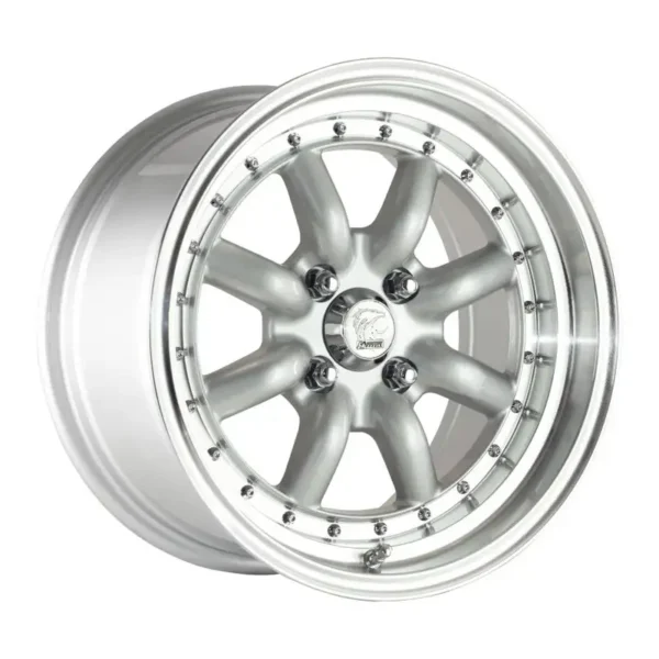 15" A-Line Bliss 4/108 Super Silver Machine Lip Alloy Wheels with Chrome Rivets Alloy Wheels