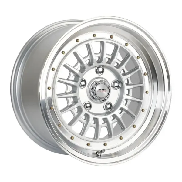 15" A-Line Indy 5/120 Arctic Silver Machine Lip Alloy Wheels with Gold Rivets