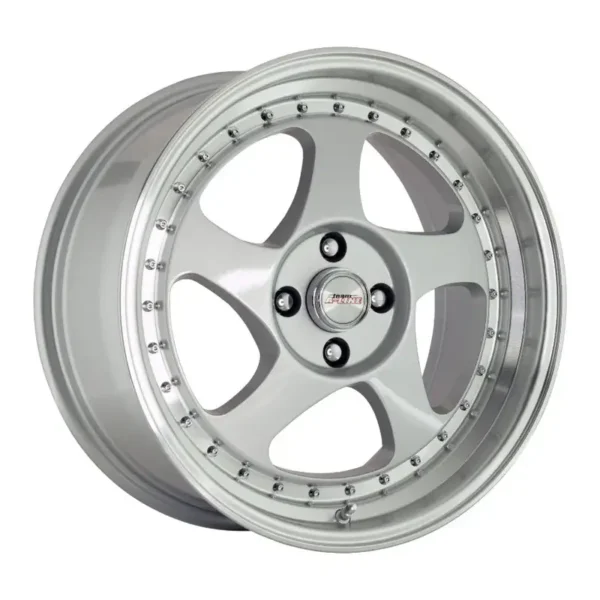 15" A-Line Jedi 4/100 Super Silver Machine Lip with Chrome Rivets Alloy Wheels